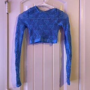 Crochet - style blue long sleeve crop top
